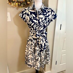 DIANE VON FURSTENBERG  Nautical Floral Navy/White Tie Waist Shirt Dress Womens 6